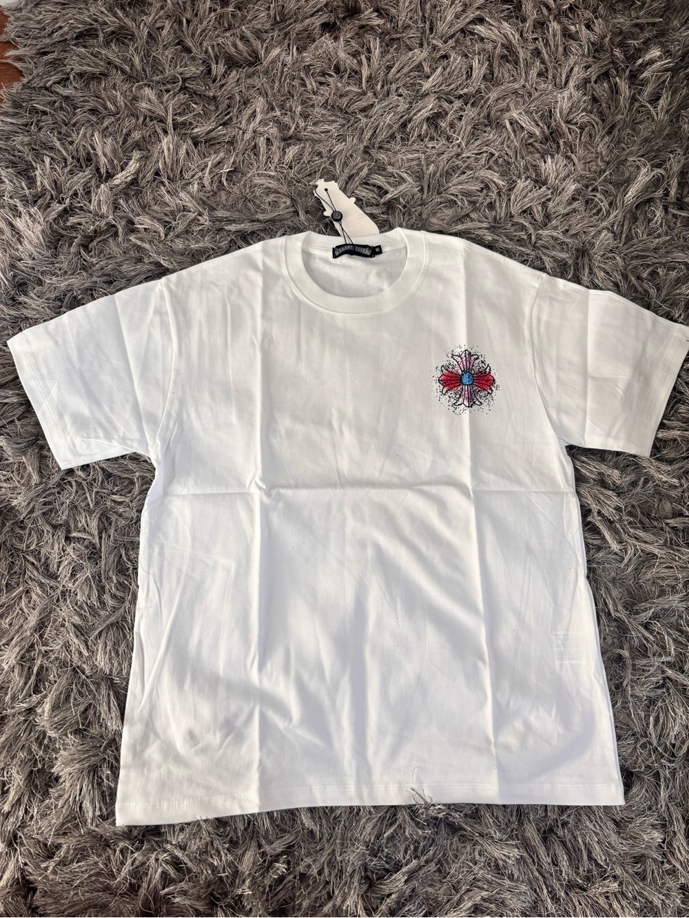 Chrome Hearts White Short-Sleeve Tee with Red & Blue Chest Cross Graphic